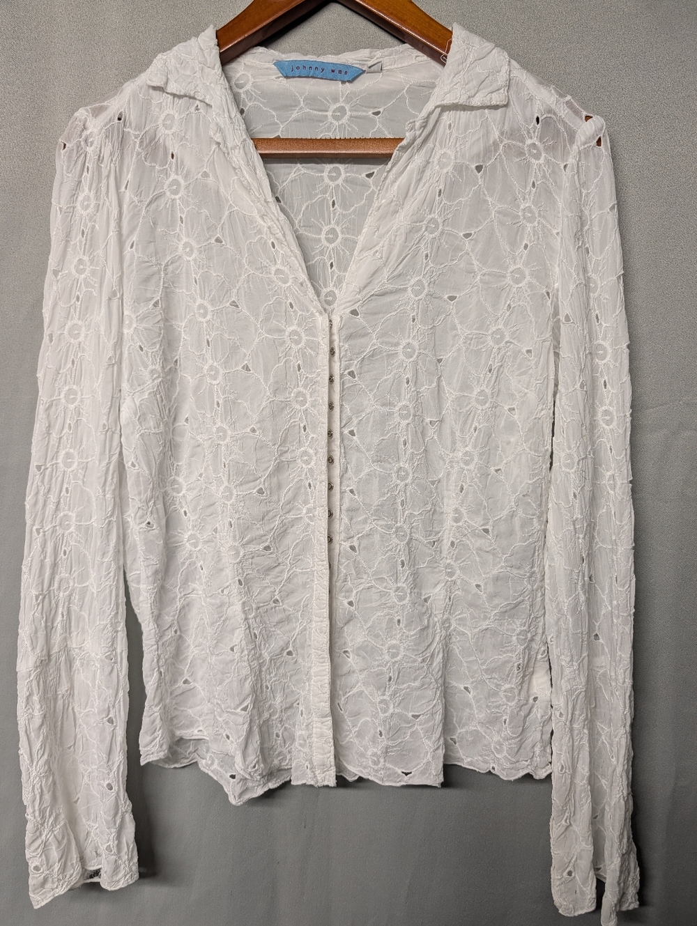 Rare Vintage Johnny Was White Eyelet Snap-Front Blouse Size Medium